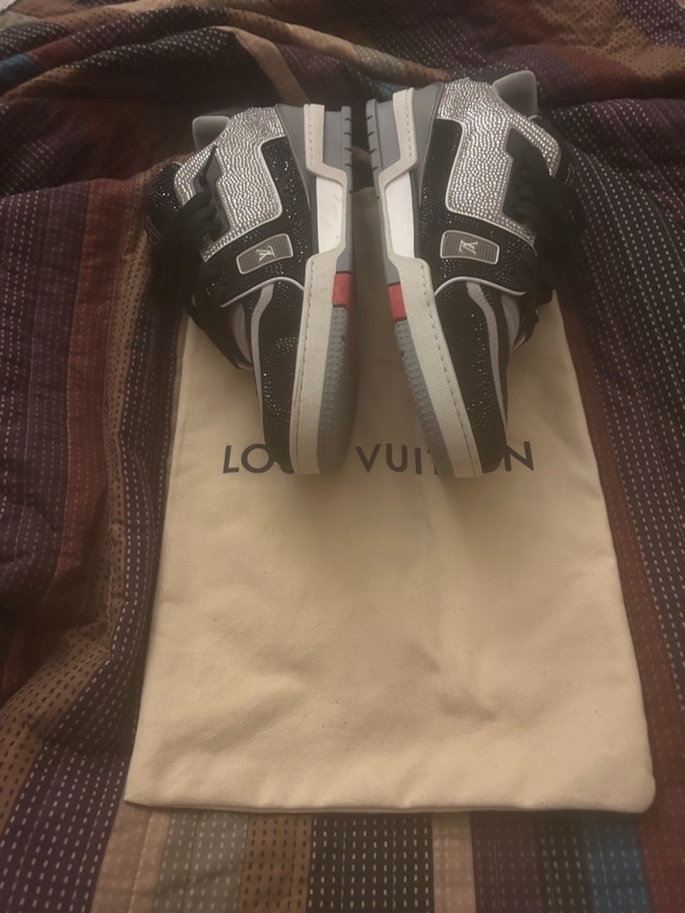 Louis Vuitton Black Crystal Low-Top Sneakers with Red LV Accent - Picture 2 of 2